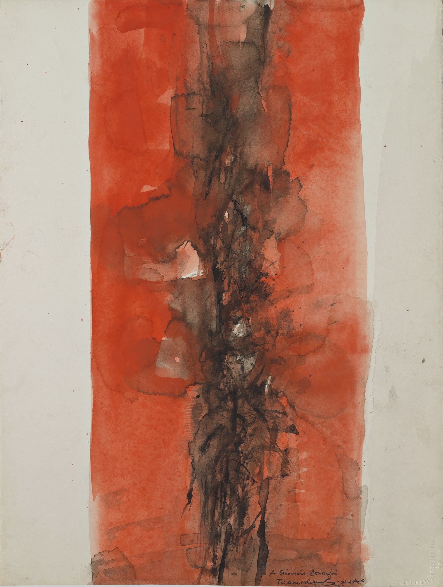 Sans titre, aquarelle sur papier, vers 1957-1959, 37 x 28,2 cm. Donation Geneviève Bonnefoi, Abbaye de Beaulieu-en-Rouergue – Centre des Monuments Nationaux – Photo CMN / Benjamin Gavaudo